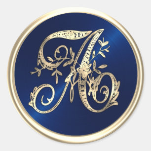 ALL INTIALS Gold Monogram Initial Navy Blue Classic Round Sticker