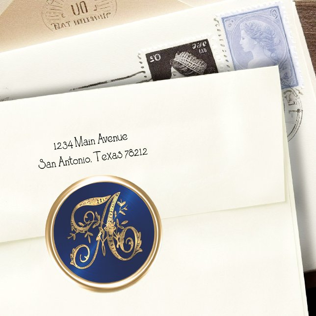 ALL INTIALS Gold Monogram Initial Navy Blue Classic Round Sticker (Creator Uploaded)