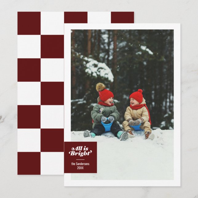 All Is Bright Bold Burgundy Chequerboard Festive Holiday Card (Front/Back)