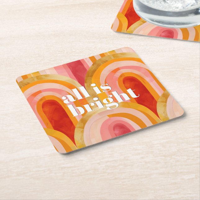 All is Bright Colourful Festive Holiday Square Paper Coaster (Angled)