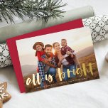 All is Bright Full Photo Foil Holiday Card<br><div class="desc">Festive holiday photo card features your favourite horizontal or landscape orientated photo in full bleed, with "all is bright" overlaid in gold foil hand lettered brush typography. Personalise the front of the card with your names and short holiday message (shown with "merry Christmas"), and add three additional photos to the...</div>