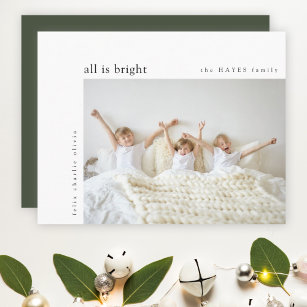 All is Bright Minimal Christmas Kids Photo Green Holiday Card