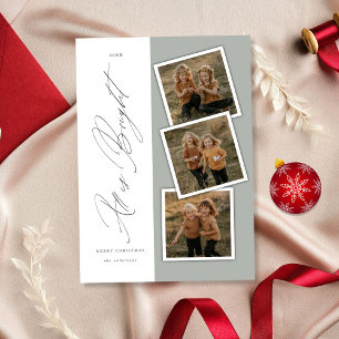 All Is Bright Modern 3 Photo Christmas Sage Green Holiday Card