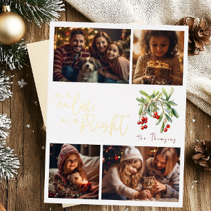 All is calm all is bright christmas gold photo  foil holiday postcard