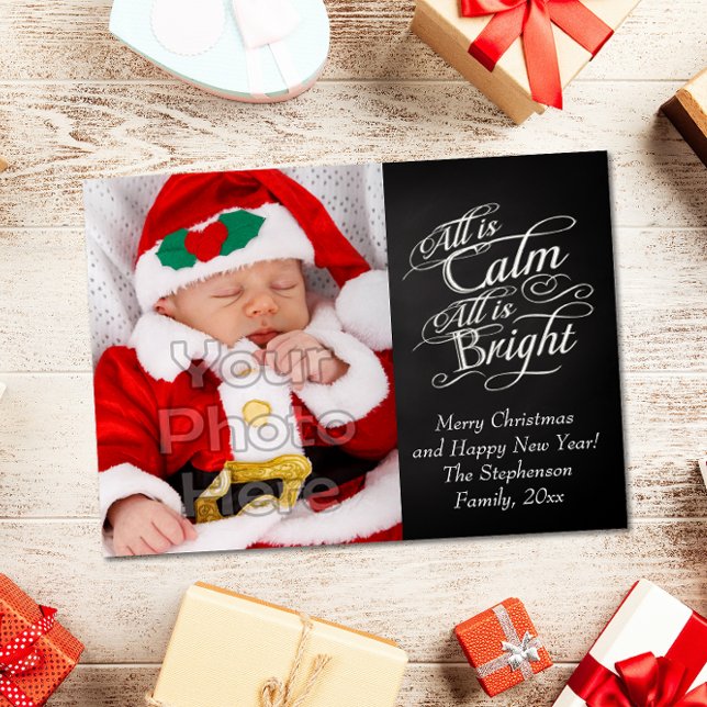 All is Calm and Bright Chalkboard Christmas Photo Holiday Card (Creator Uploaded)