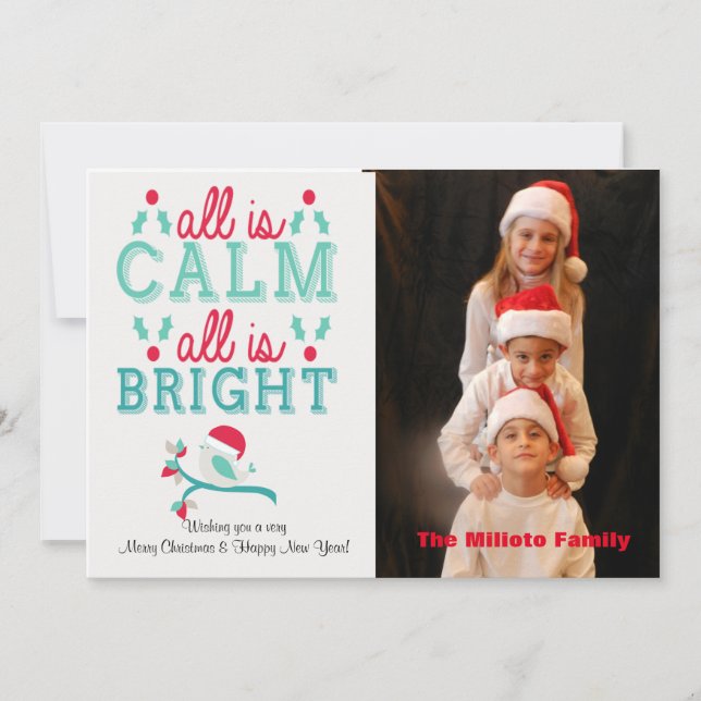 All Is Calm & Bright With Bird Christmas Card (Front)