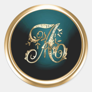 All Letter Gold and Dark Teal Ornate Monogram Classic Round Sticker