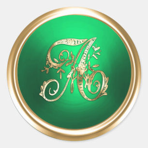 All Letter Gold and Green Ornate Monogram Classic Round Sticker