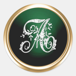 All Letter Gold and Green Ornate Monogram White Classic Round Sticker