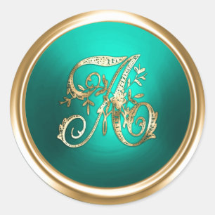All Letter Gold and Turquoise Ornate Monogram Classic Round Sticker