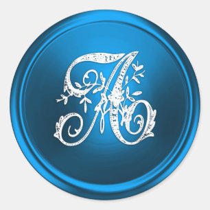 All Letter White and Blue Ornate Monogram Classic Round Sticker