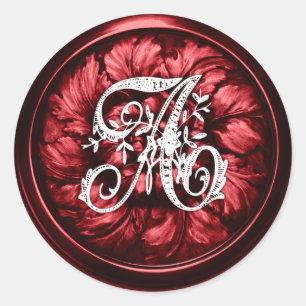 All Letter White and Red Ornate Monogram Classic Round Sticker