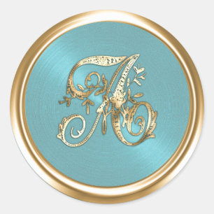 All Letters Blue Gold Ornate Monogram Classic Round Sticker