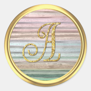All Letters Pastel Stripe Gold Glitter Monogram  Classic Round Sticker