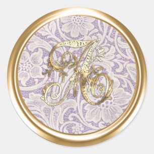 All Letters Purple Gold Ornate Monogram  Lace Classic Round Sticker
