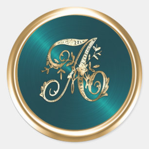 All Letters Teal Green Gold Ornate Monogram Classic Round Sticker