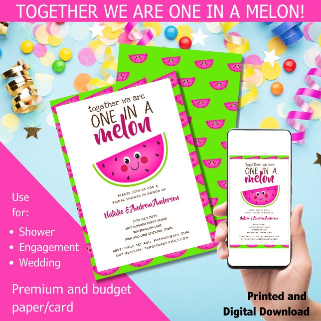 All Loved Up! Funny Summer Melon Bridal Shower Invitation (Together we are one in a melon! For: Shower 
Engagement 
Wedding. Funny Watermelon Bridal Shower)