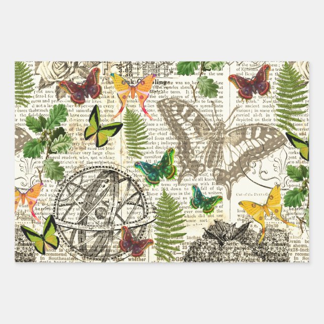 All Occasion Antique Look  Butterflies and Ferns Wrapping Paper Sheet (Front)