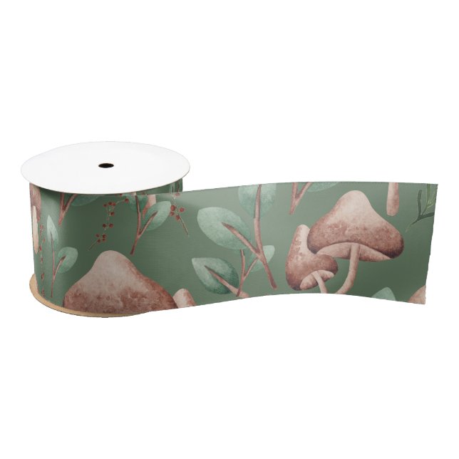 All Occasion Eucalyptus Forest Mushrooms on Green  Satin Ribbon (Spool)