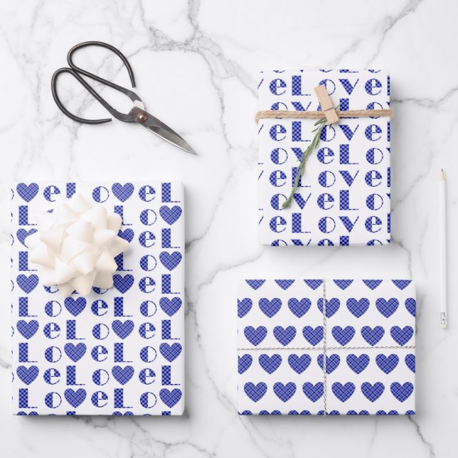 All-Occasion Royal Blue "LOVE" with Heart Pattern Wrapping Paper Sheet (Front)