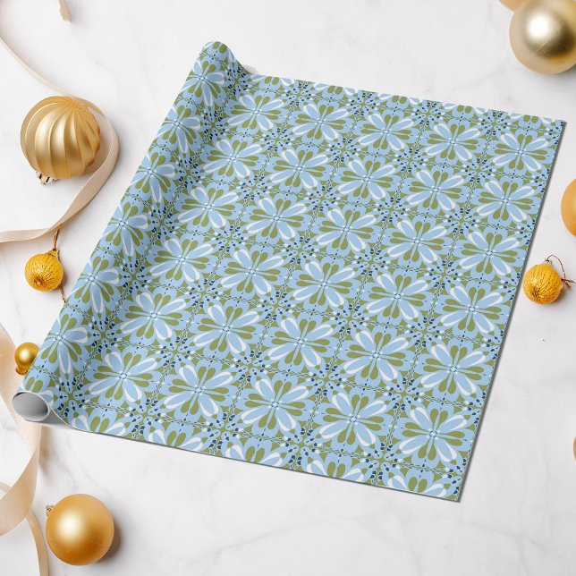 All Occasion Scandinavian Blue Olive Green Floral Wrapping Paper (Creator Uploaded)