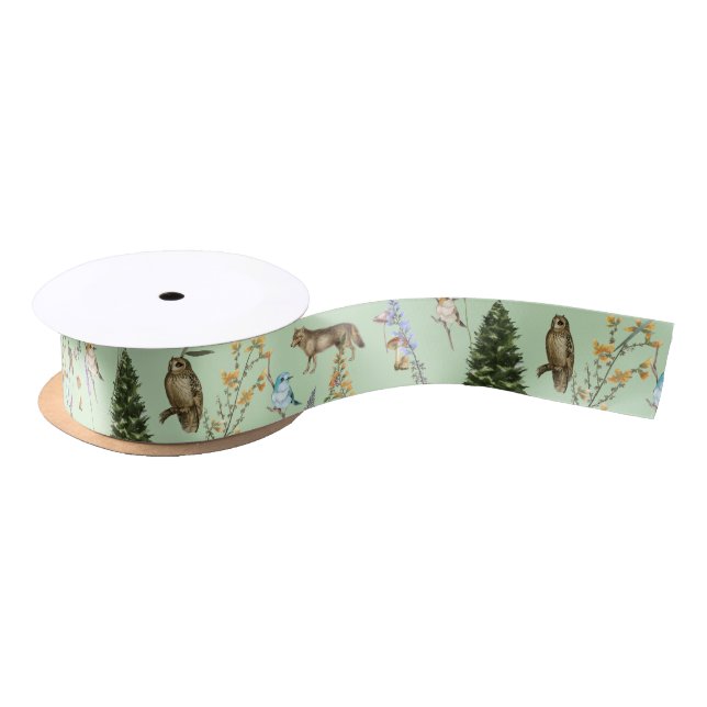 All Occasion Woodland Animals Plants Sage Green Satin Ribbon (Spool)