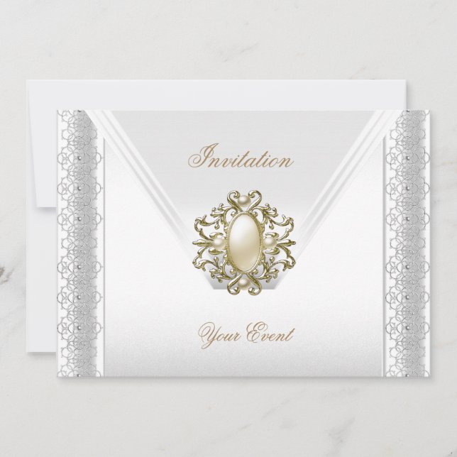 All Occasions Elegant Silk White Pearl Jewel Invitation (Front)