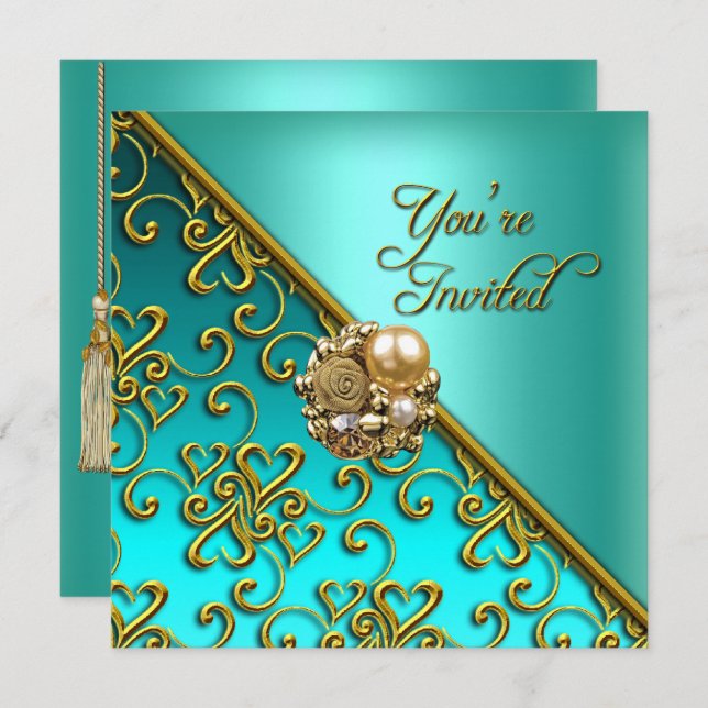 All Occasions Party Elegant Aqua Teal Blue Gold Invitation (Front/Back)