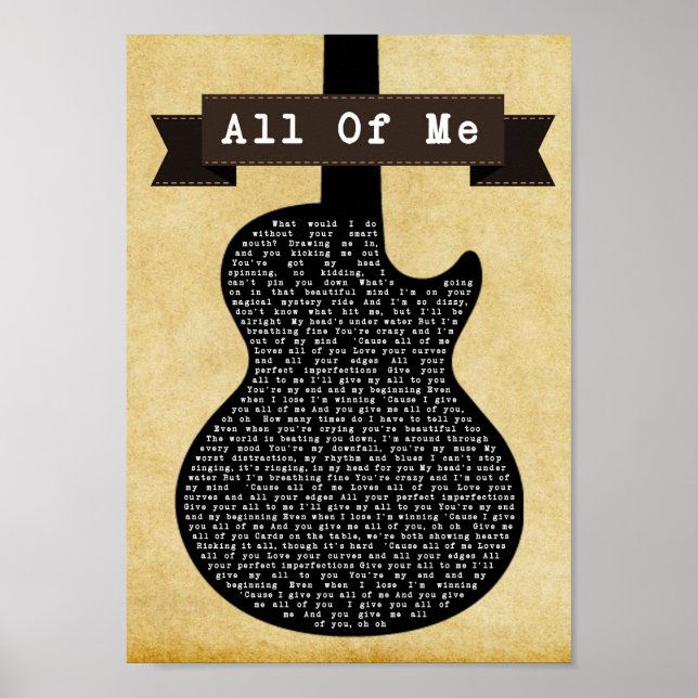All Of Me Black Guitar Song Lyric Wall Art Print (Front)