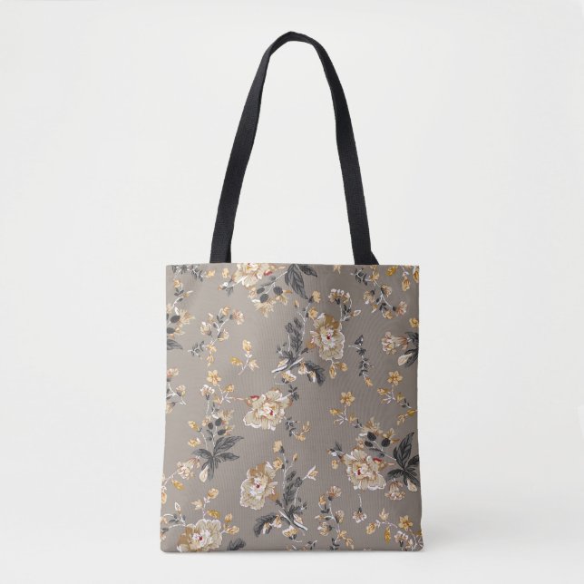 All over flowers pattern on brown backgroundflower tote bag (Front)