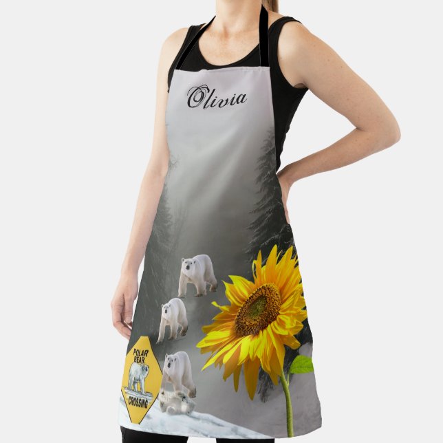 All Over Print Apron Sunflower Floral  Polar Bear (Insitu)
