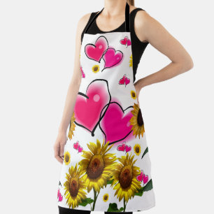 All Over Print Apron Sunflower Pink Hearts
