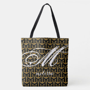 all-over-print black large tote bag with anchors