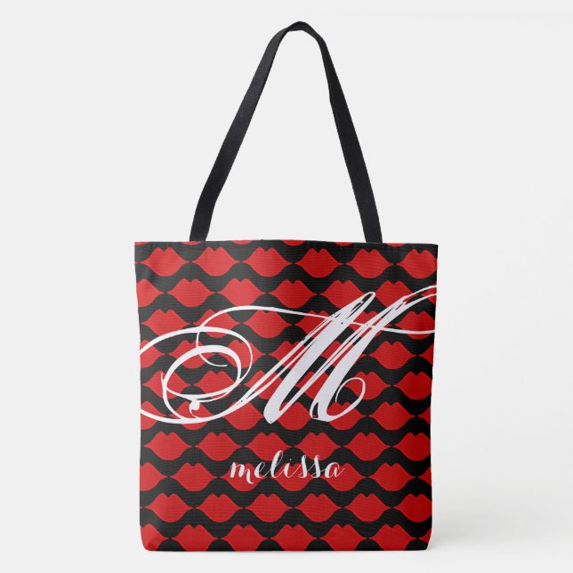 all-over-print black large tote bag with red lips (Front)