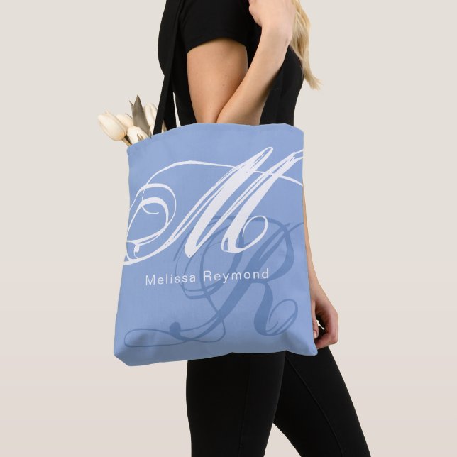 all-over-print Monogram Hydrangea Floral Blue Tote Bag (Close Up)