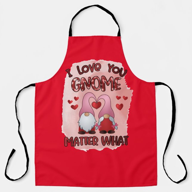All-Over Red I Love You Gnome Kitchen Apron (Front)