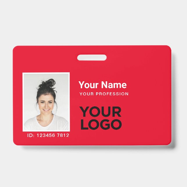 All Red Employee Photo Bar or Qr Code Logo ID Badge (Front)