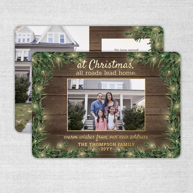 All Roads Lead Home New Address 2 Photo Christmas Foil Holiday Card (Creator Uploaded)