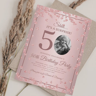 All Rose Gold SURPRISE Photo 50th Birthday Glam Invitation