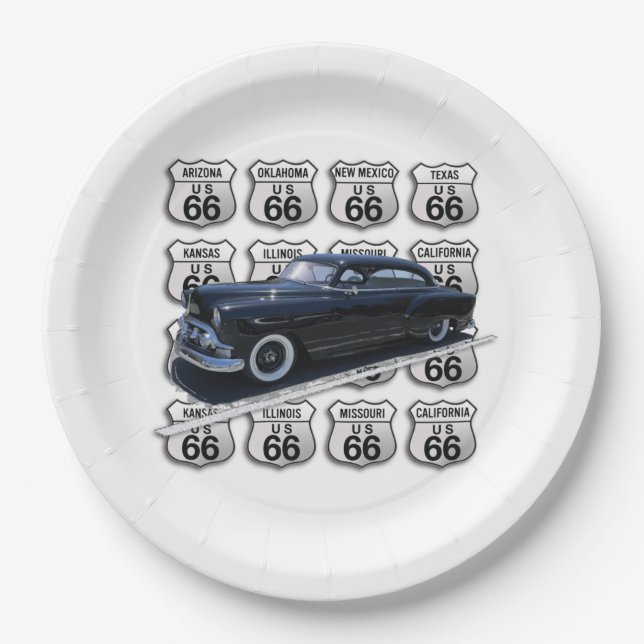All Route 66 Signs with a Black Car Paper Plate (Front)