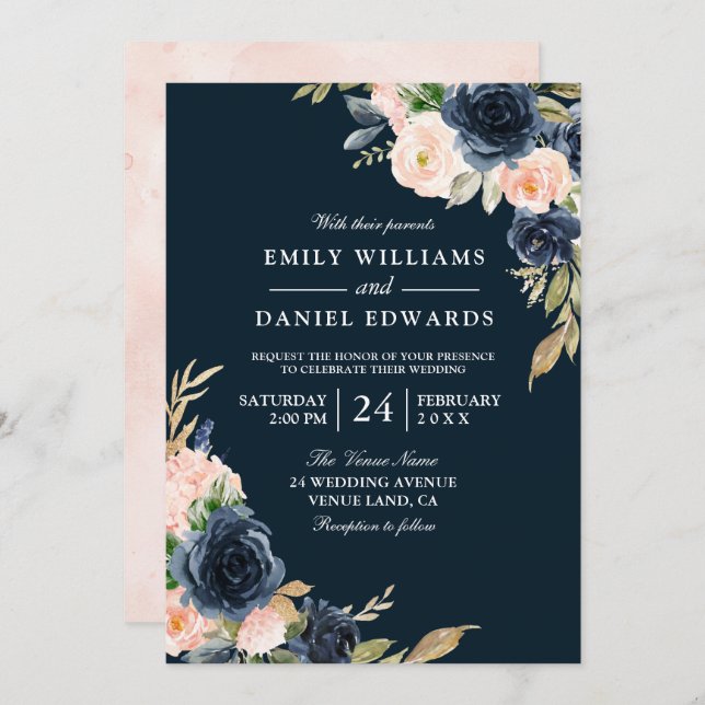 All Seasons Navy Blush Botanical Floral Wedding Invitation (Front/Back)