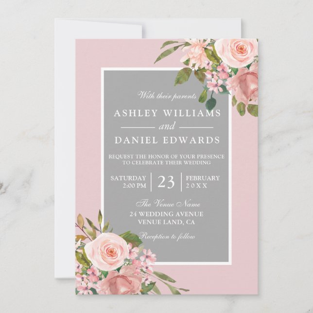 All Seasons Pink Rose Gold Floral Wedding Invite (Front)
