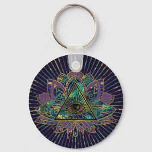 All Seeing Mystic Eye in Lotus Flower Key Ring