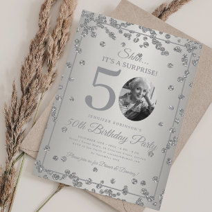 All Silver SURPRISE Photo 50th Birthday Glam  Invitation