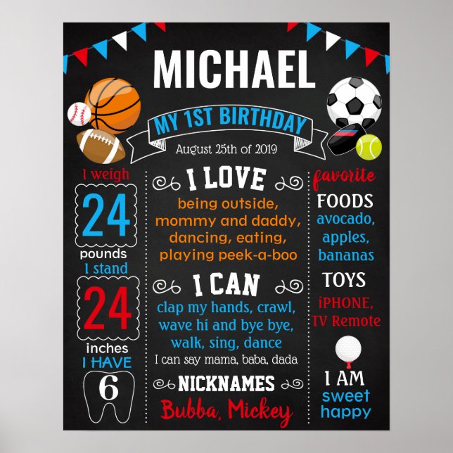 All Sport Balls First Birthday chalkboard Poster (Front)