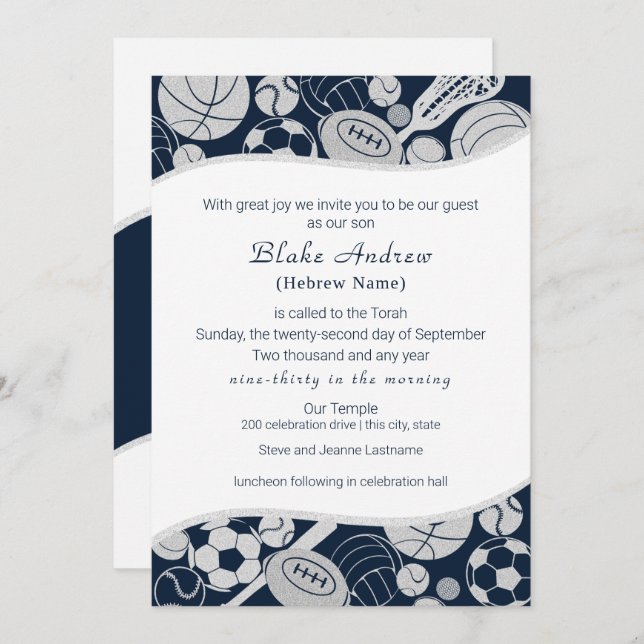 All Sports Bar Mitzvah Silver Blue Invitation (Front/Back)