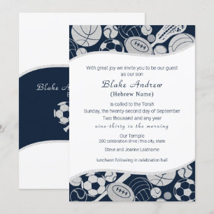 All Sports Bar Mitzvah Silver Blue Invitation