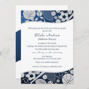 All Sports Bar Mitzvah Silver Blue Invitation 2
