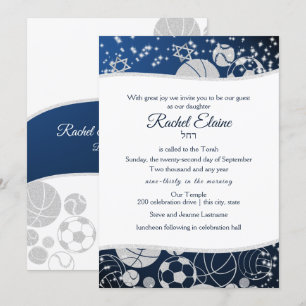 All Sports Bat Mitzvah Silver and Blue Invitation