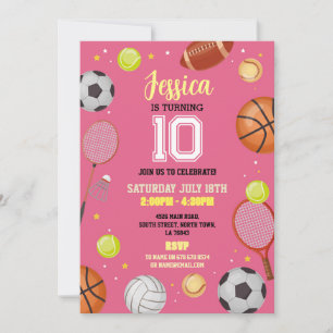 All Sports Birthday Football Soccer Pink Girls Invitation